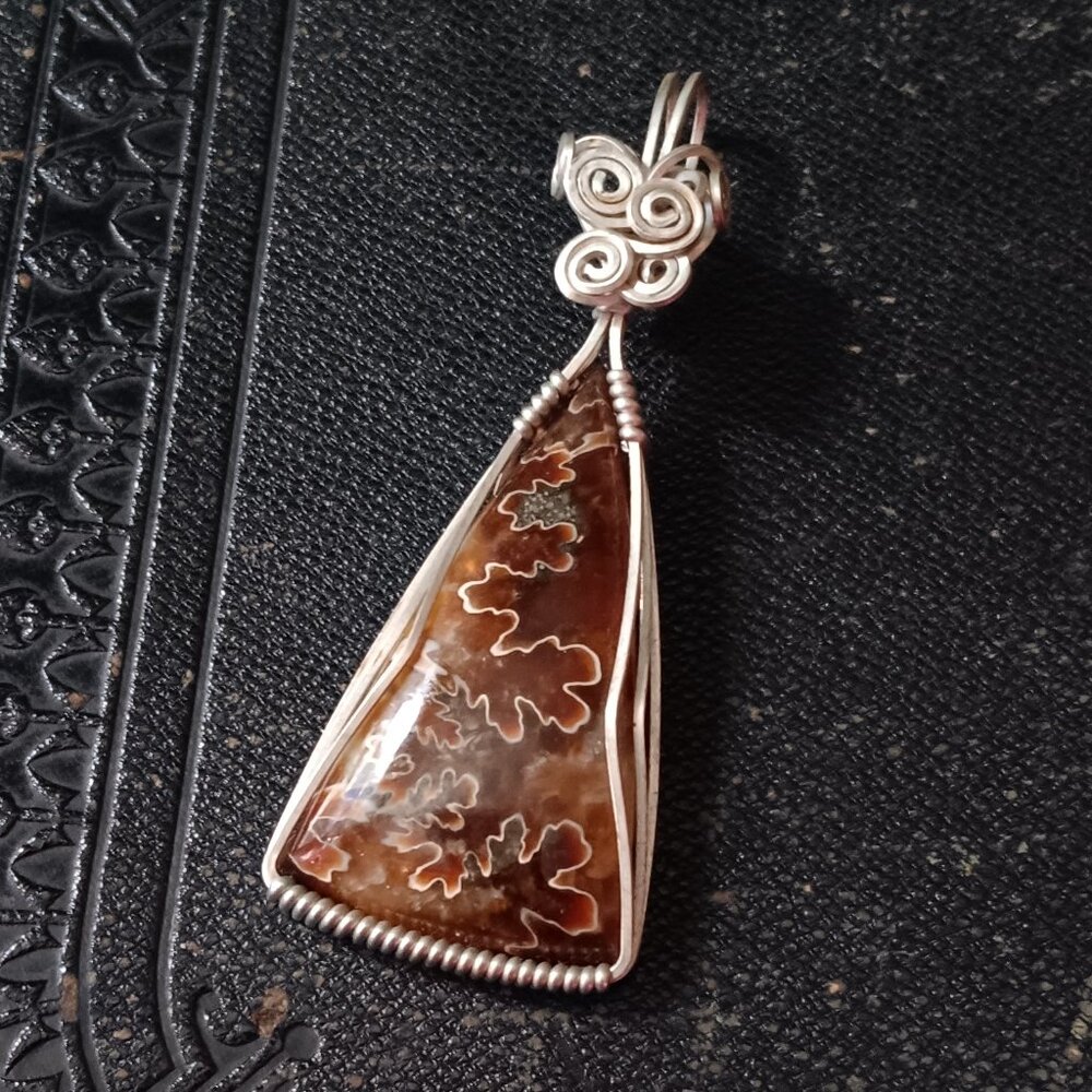 Dendritic Agate Pendant - Brown White Silver Wire Wrapped - Fairycore Jewelry